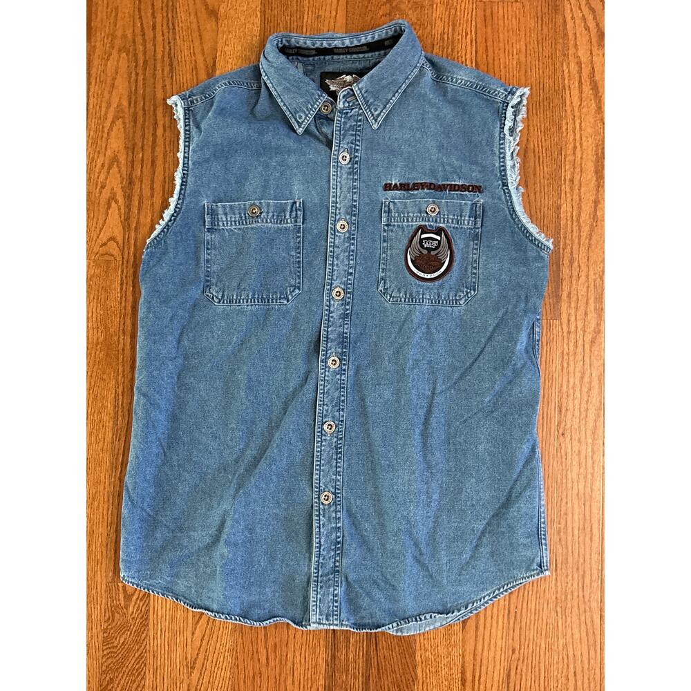Harley-Davidson Mens 105th Anniversary Sleeveless Denim Shirt Blue Medium 2008
